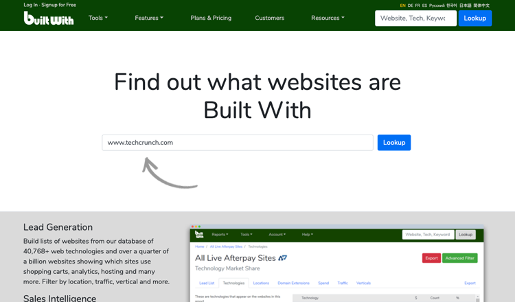 Using BuiltWith to check if a website is built with WordPress